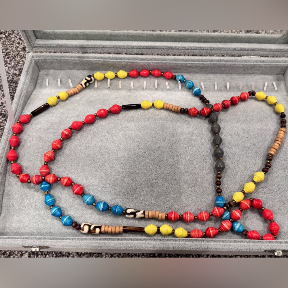 Noonday Collection Paper Bead Necklace Red Blue Yellow Black White